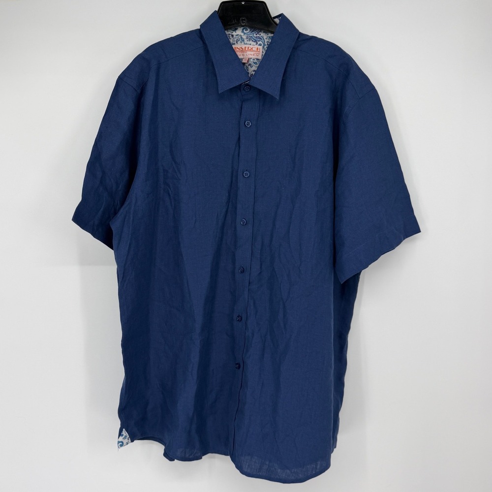Inserch Collezione Men's 2XL Blue 100% Linen Short Sleeve Button Up Shirt